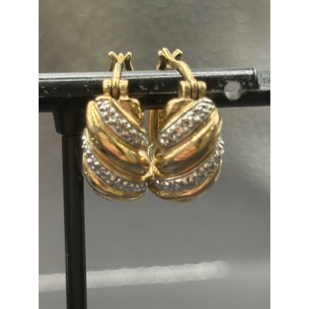 Vintage Gold Sterling Silver Hoop Earrings 925 Genuine Diamond H13